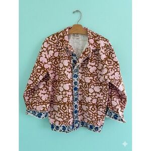 SZ Blockprints Boho Nila Pink Floral Cotton Canvas Jacket Indian Hand Block L